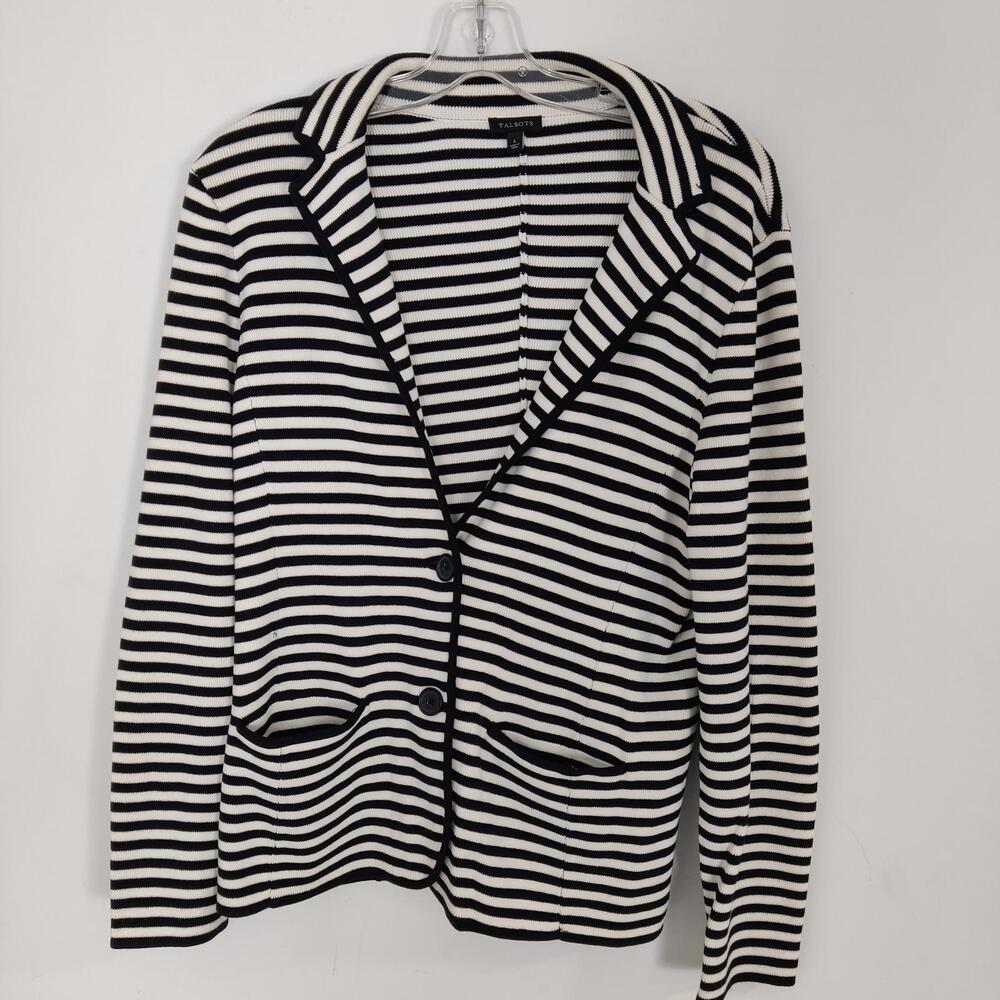 Talbots Women's Knit Cardigan Blazer Size Large Navy White Striped Cotton